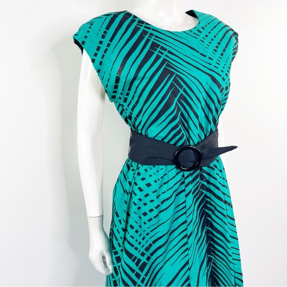On The Rocks California Vintage Teal Green Dress Size 7/8 Black Palm Leaf Print - Picture 6 of 11